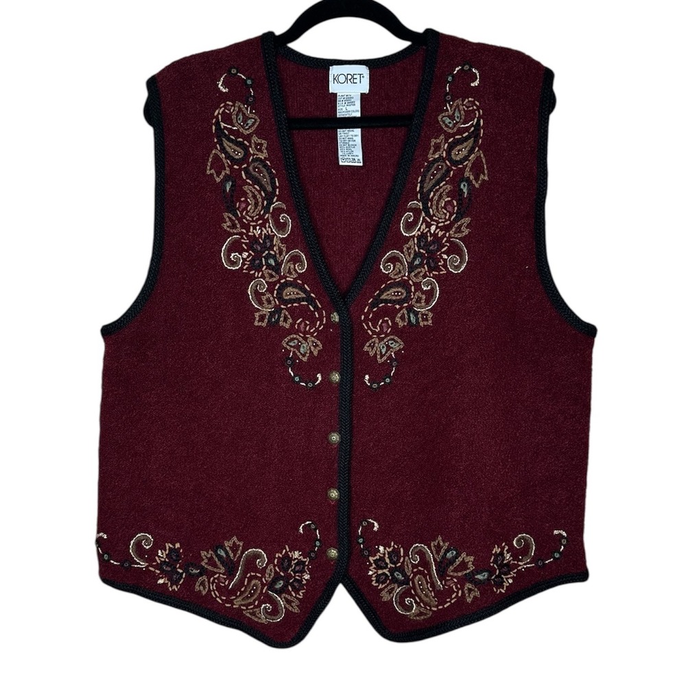 Koret VTG‎ Sweater Vest Women's L Red Wool Blend Gold Button V-Neck Grannycore